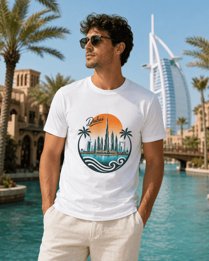 White crewneck T-shirt on model in side view, Dubai skyline front graphic