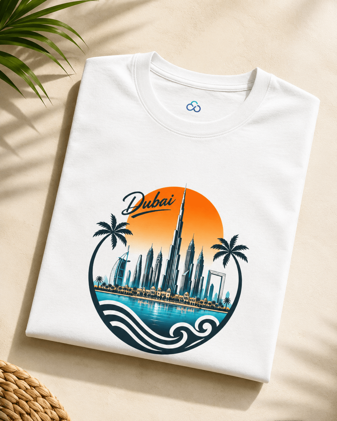 White crewneck T-shirt flat lay with Dubai skyline logo front print