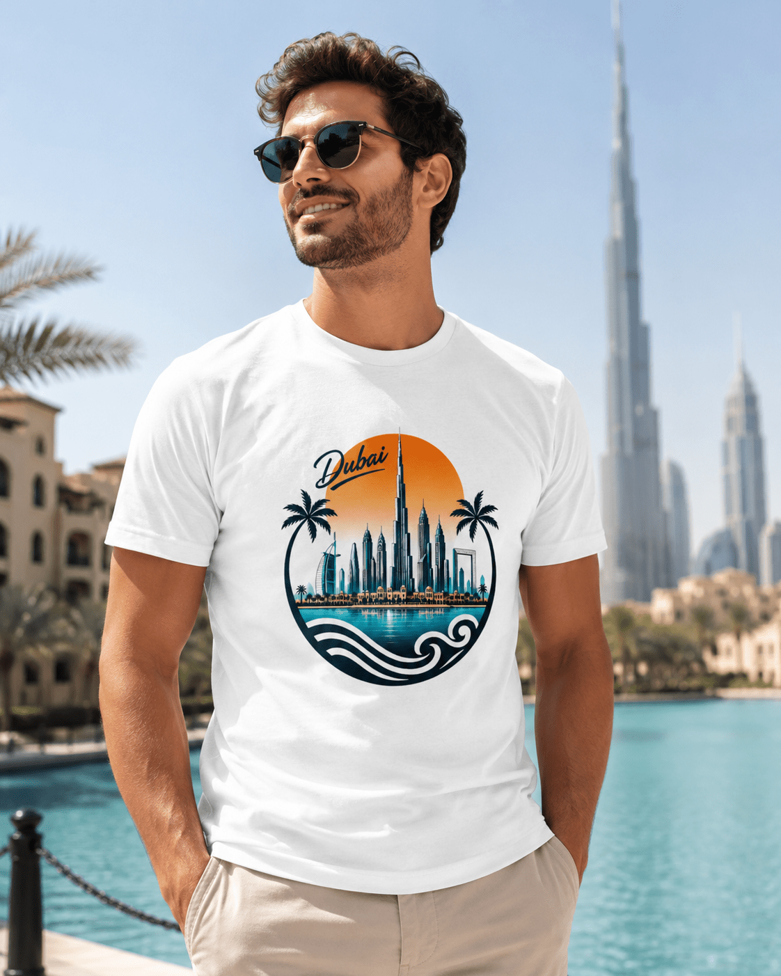 White crewneck T-shirt on model, Dubai skyline logo print on front