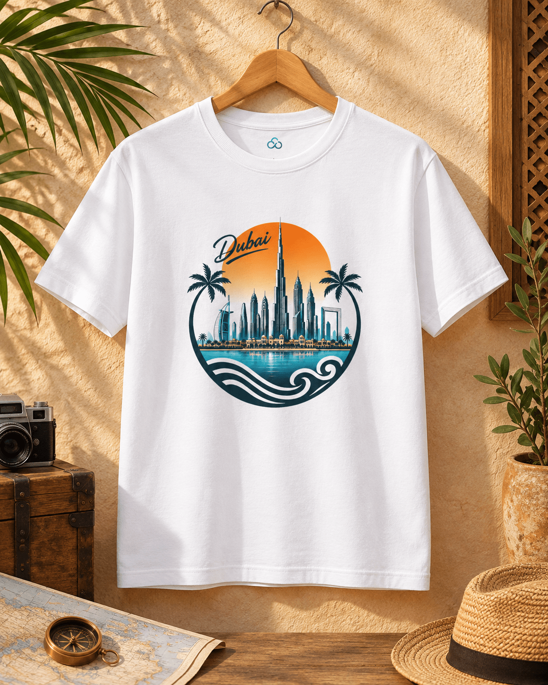 White crewneck T-shirt hanging on wooden hanger, Dubai skyline front graphic