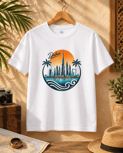 White crewneck T-shirt hanging on wooden hanger, Dubai skyline front graphic