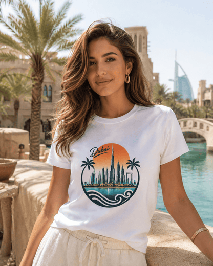White crewneck T-shirt worn by model, Dubai skyline graphic on front