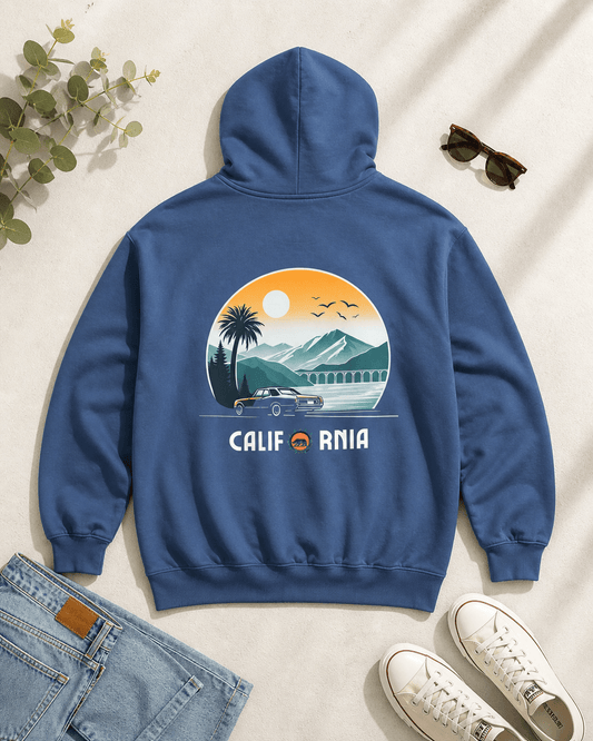 Blue hoodie with California graphic on a light background