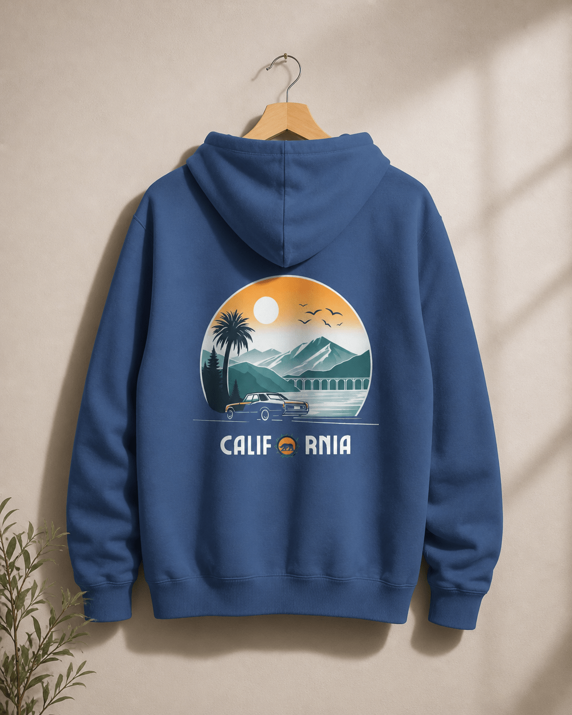 True navy hoodie, back graphic with 'California' text; pullover hood, hanging display