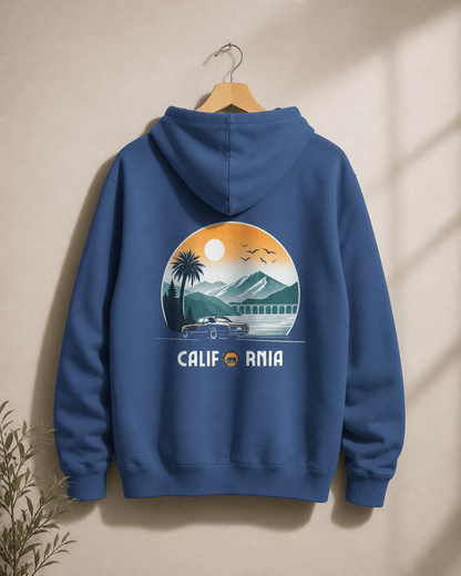 True navy hoodie, back graphic with 'California' text; pullover hood, hanging display