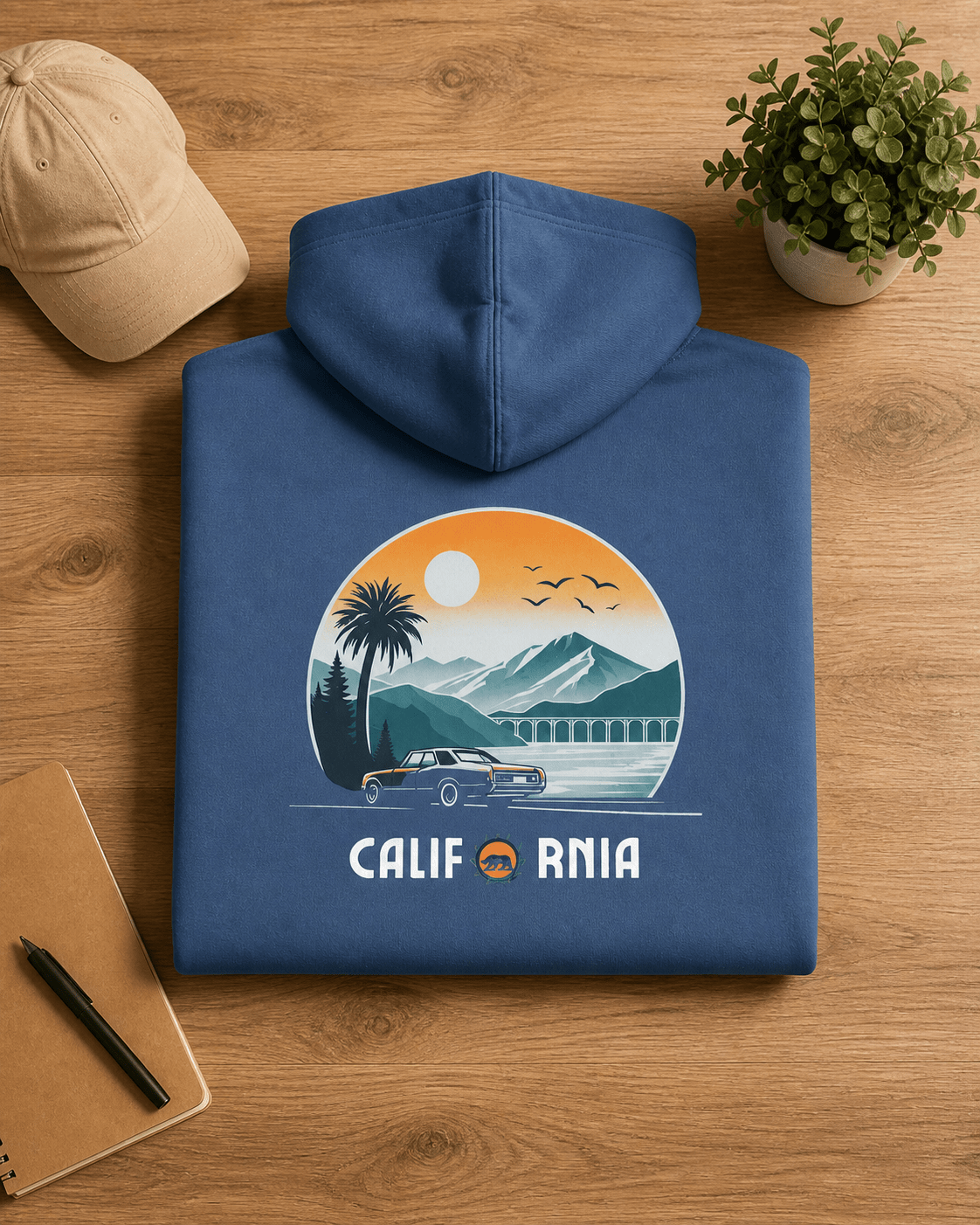 True navy hoodie with back graphic and 'California' text; pullover hood.