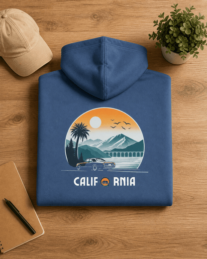 True navy hoodie with back graphic and 'California' text; pullover hood.