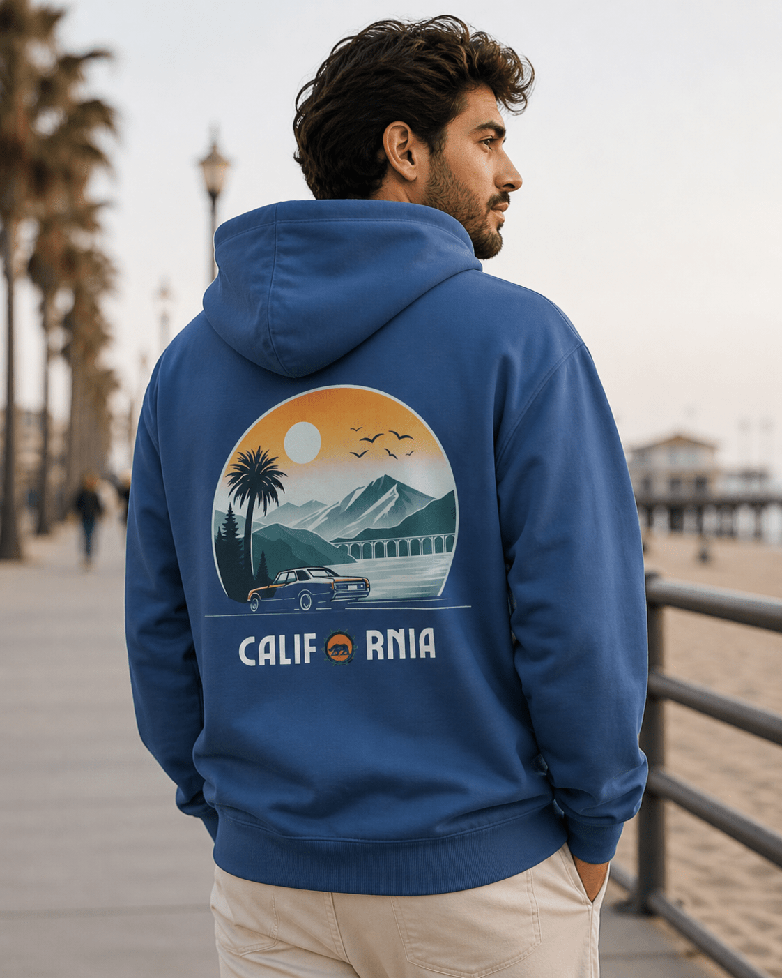 True navy hoodie with back graphic and 'California' text; pullover hood, long sleeves