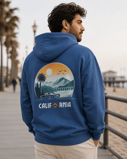 True navy hoodie with back graphic and 'California' text; pullover hood, long sleeves