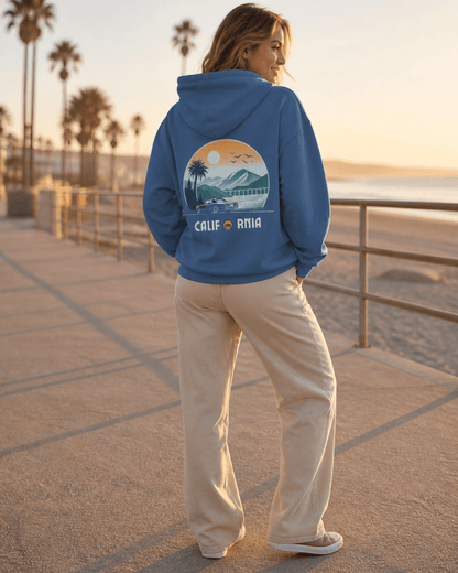 True navy hoodie with back graphic and 'California' text; pullover hood.