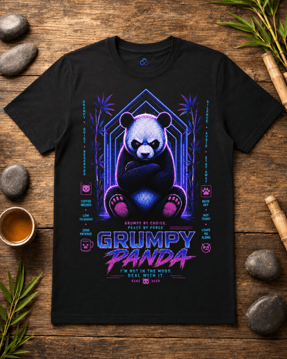 Black T-shirt with neon grumpy panda front graphic and purple typography