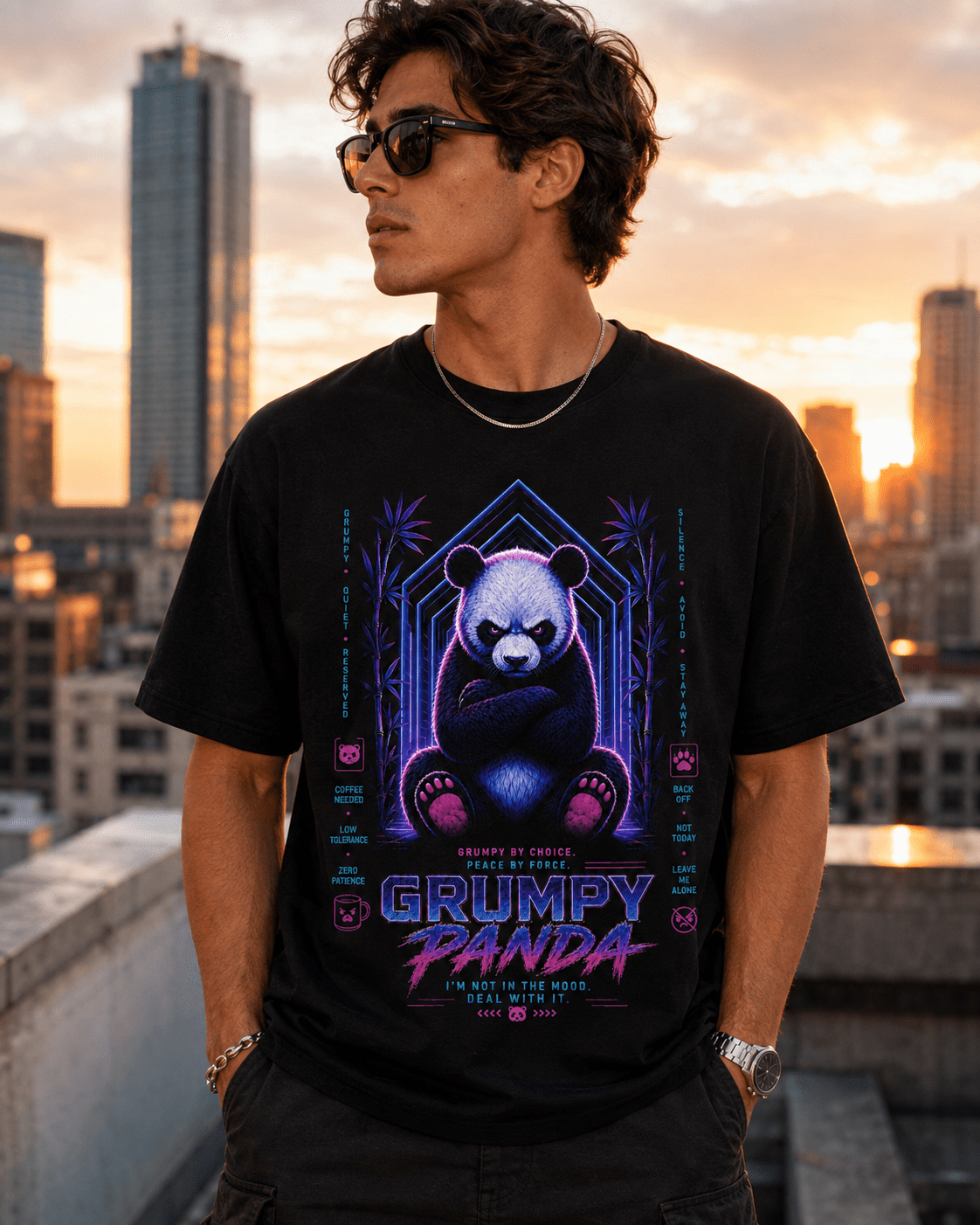 Black T-shirt with neon grumpy panda front graphic, side view on man