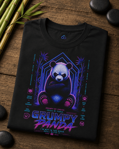 Black folded T-shirt with neon grumpy panda front graphic and purple text