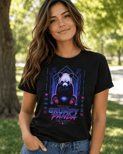 Black T-shirt with neon grumpy panda front graphic, worn outdoors