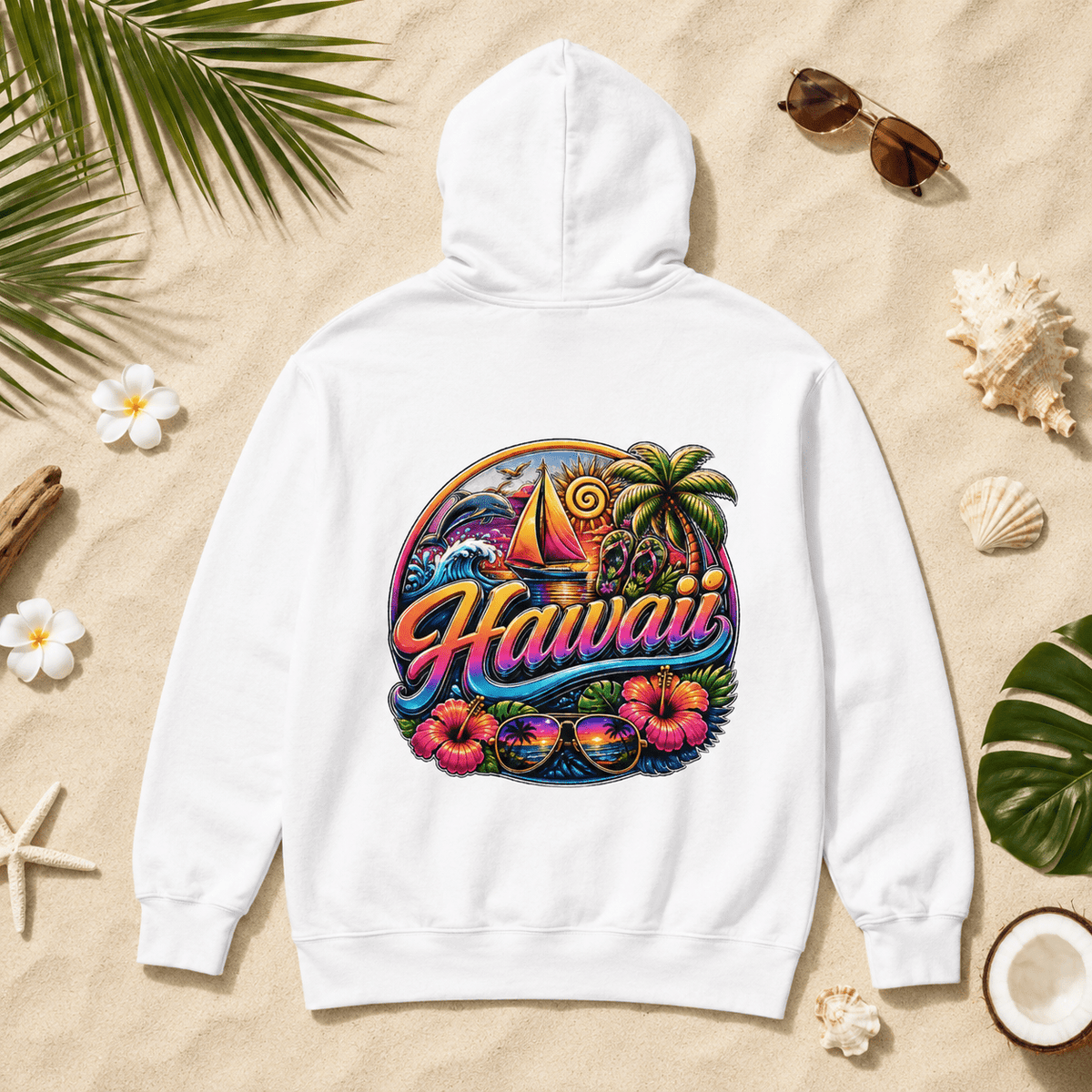 White hoodie with full back graphic and hood, front pocket and long sleeves.