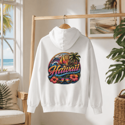 White hoodie with back graphic centered, hood up and front pouch pocket.