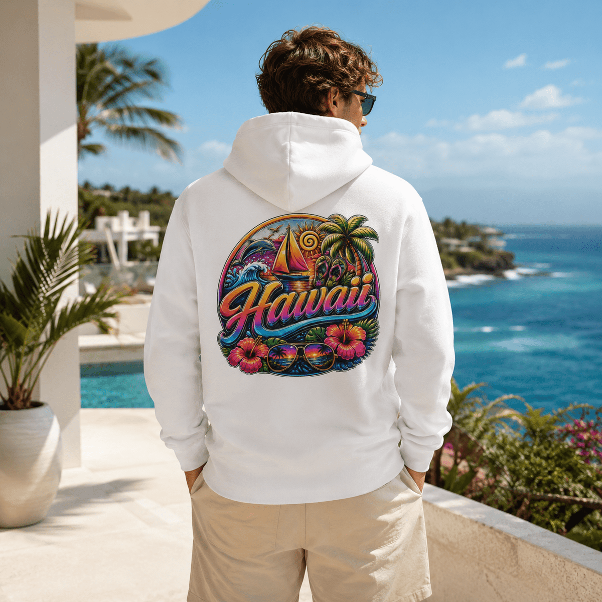 White hoodie worn from behind with back graphic and hood, long sleeves.