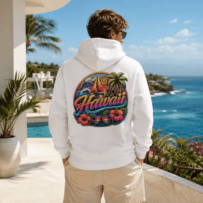 White hoodie worn from behind with back graphic and hood, long sleeves.