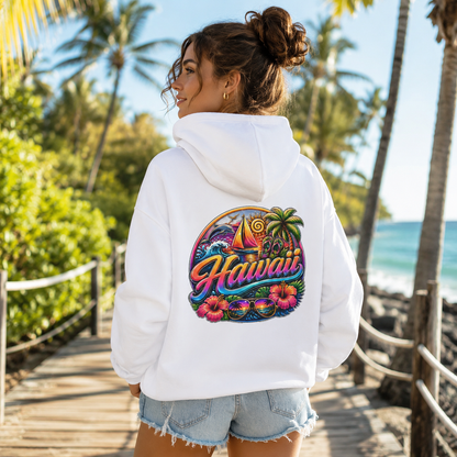 White hoodie worn from behind with back graphic and hood, long sleeves.