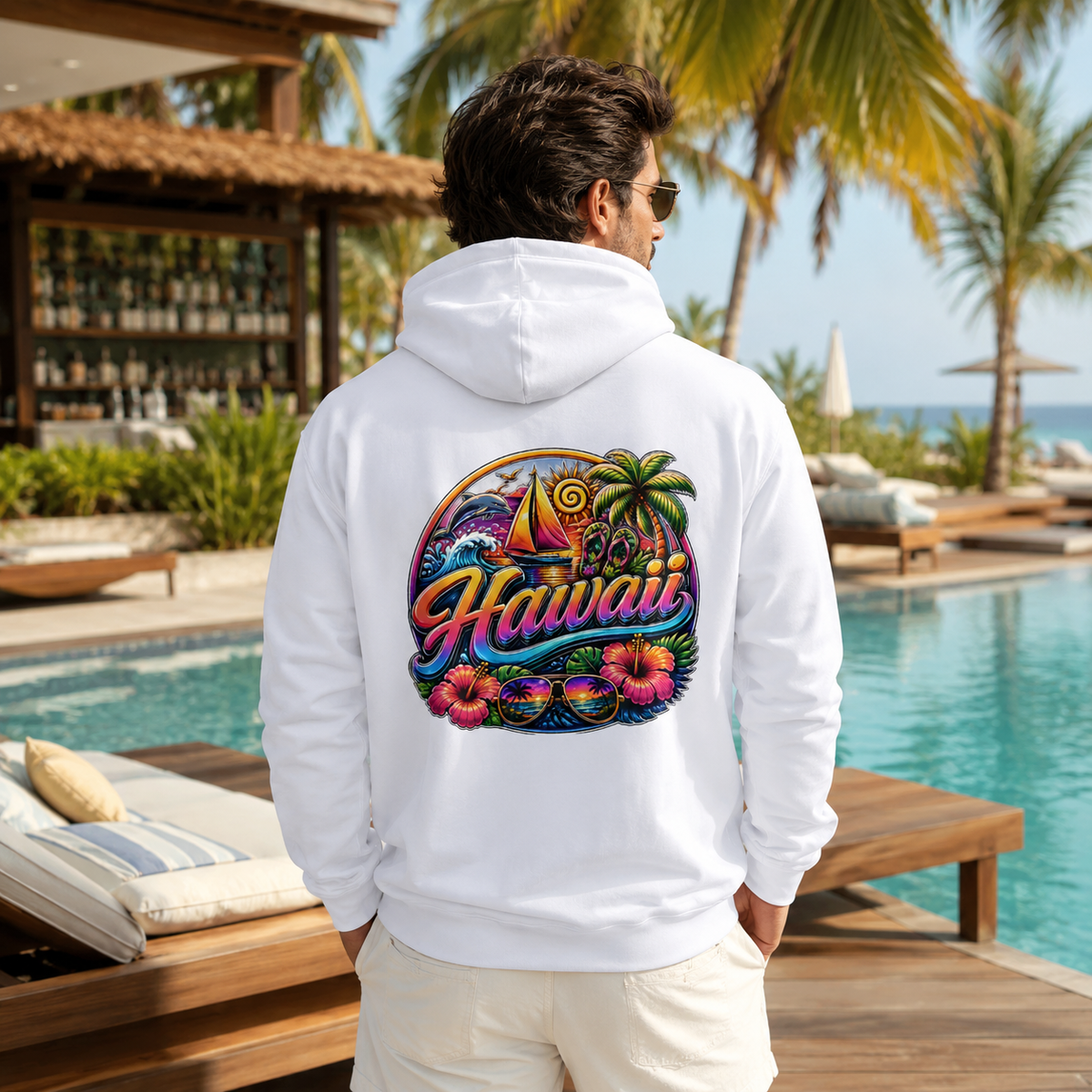 White hoodie from behind with large back graphic and hood, long sleeves.