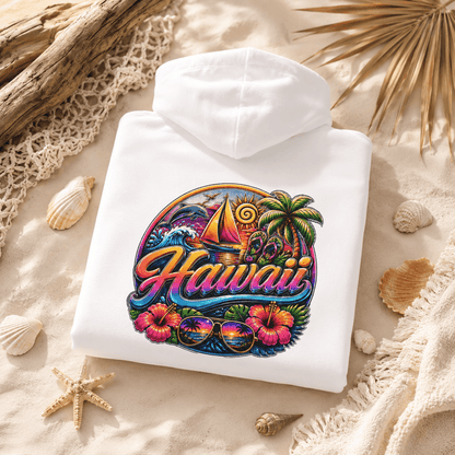White hoodie laid flat with back graphic featuring Hawaii text and surf scene.