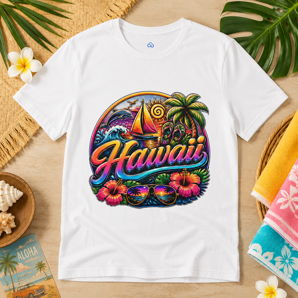 White Hawaii T-shirt with colorful sailboat, palm tree, and flower logo graphic
