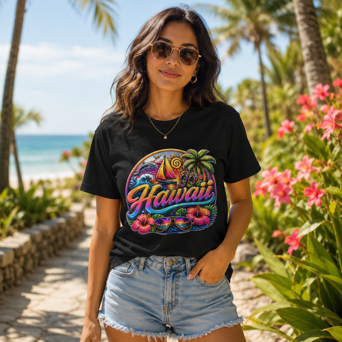 Black Hawaii graphic T-shirt with sailboat, palm tree, and hibiscus floral design