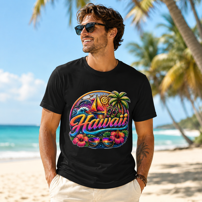 Black crew-neck T-shirt with colorful Hawaii sunset graphic on front