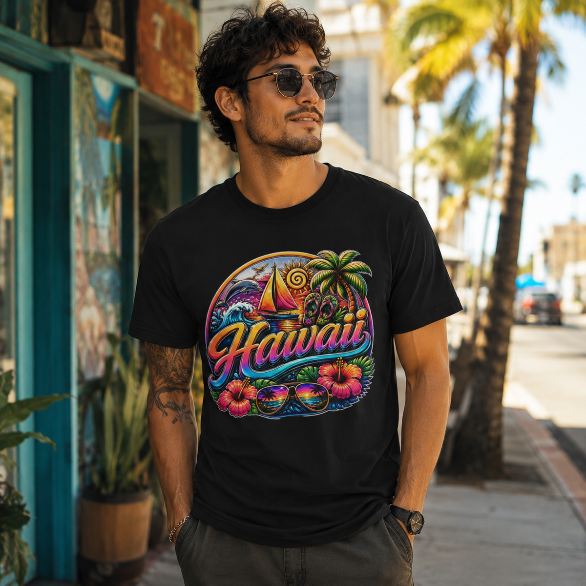 Black crew-neck T-shirt with Hawaii logo graphic centered on chest