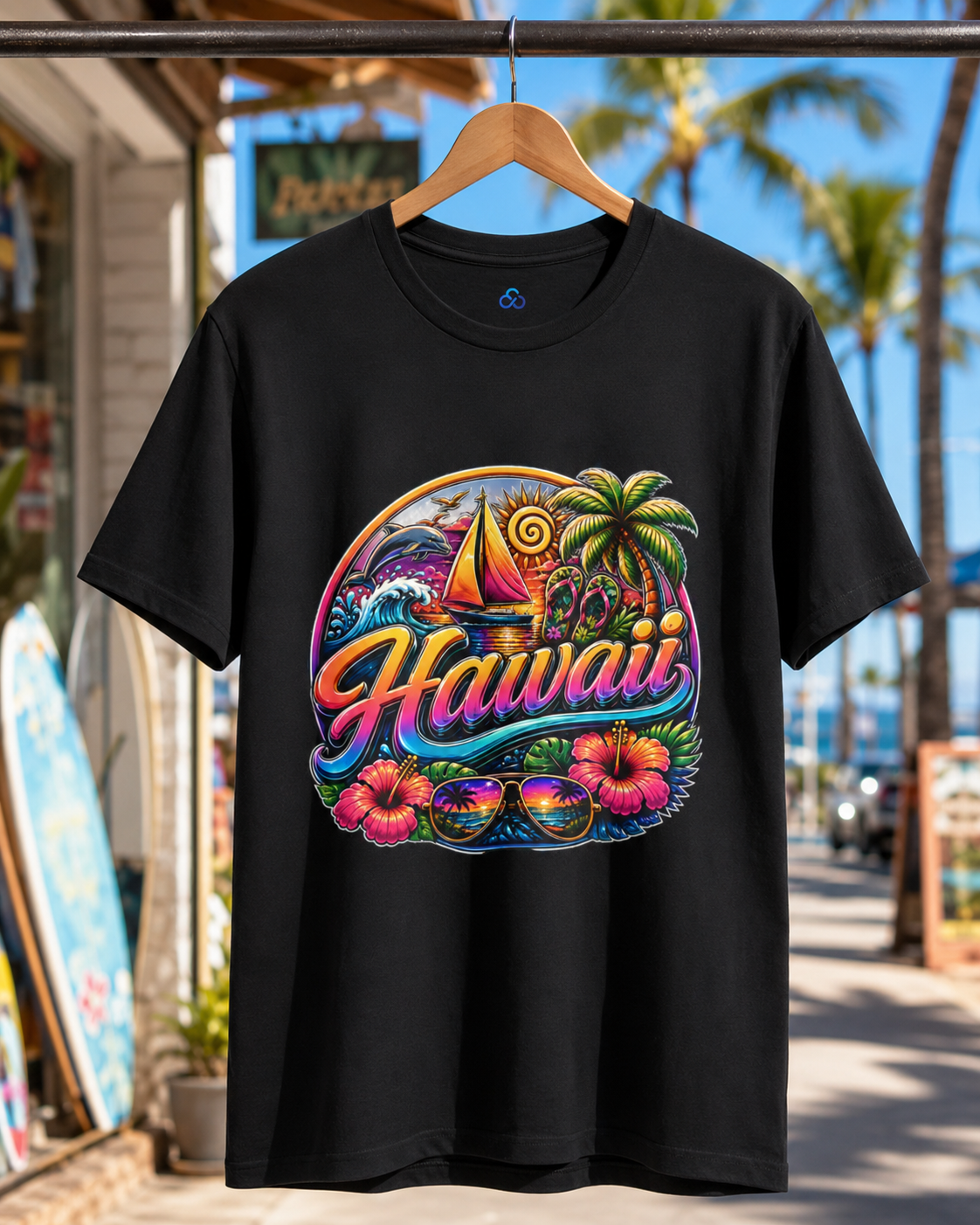 Black crew-neck T-shirt front view with multicolor Hawaii graphic print