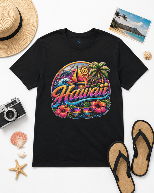 Black Hawaii T-shirt with colorful sailboat and palm tree scene graphic
