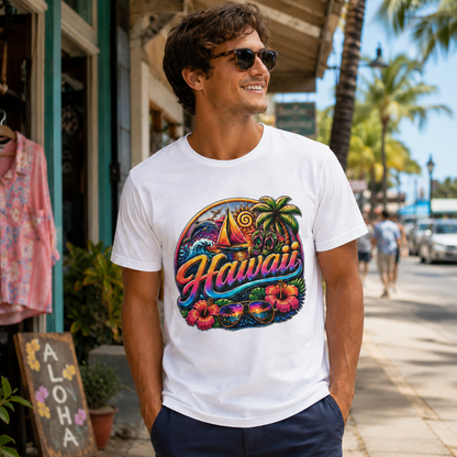 White Hawaii graphic T-shirt on model, featuring sailboat and palm tree artwork