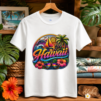 White Hawaii T-shirt with round colorful sailboat and palm tree print