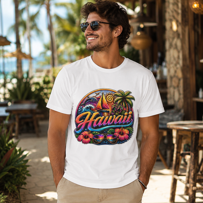 White Hawaii T-shirt with colorful sailboat, palm trees, and hibiscus flowers