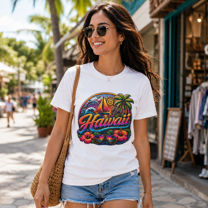 White Hawaii graphic T-shirt with sailboat, palm trees, and floral border
