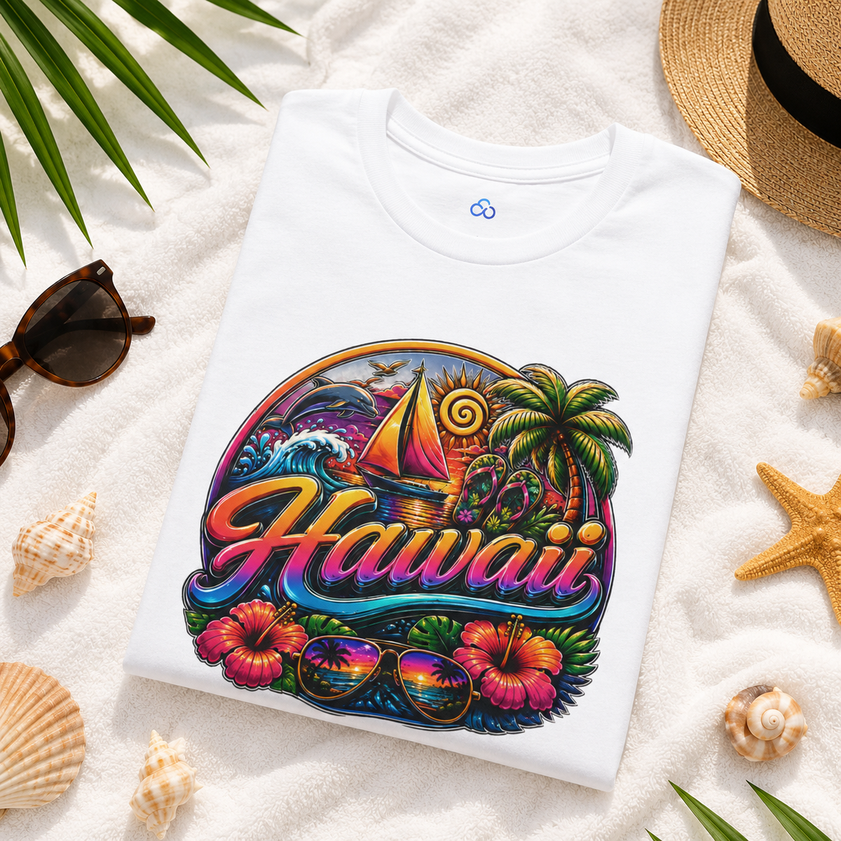 White Hawaii T-shirt with vibrant sailboat, palm trees, and floral ring graphic