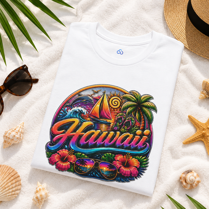 White Hawaii T-shirt with vibrant sailboat, palm trees, and floral ring graphic