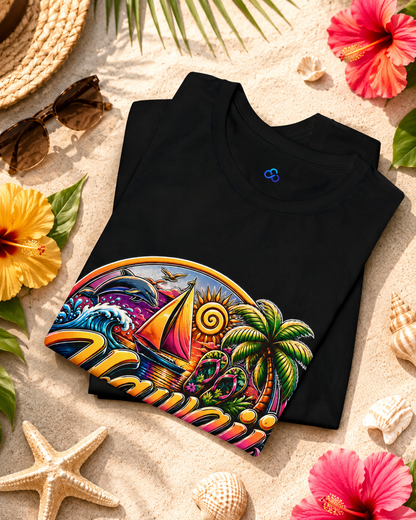 Black Hawaii T-shirt with vibrant sailboat, palm trees, and flower ring print