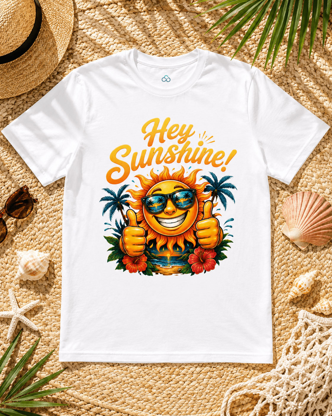 White crew-neck T-shirt with “Hey Sunshine!” smiling sun graphic and palm trees front.