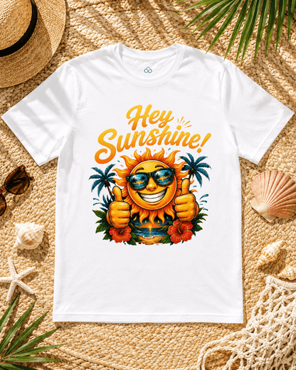 White crew-neck T-shirt with “Hey Sunshine!” smiling sun graphic and palm trees front.