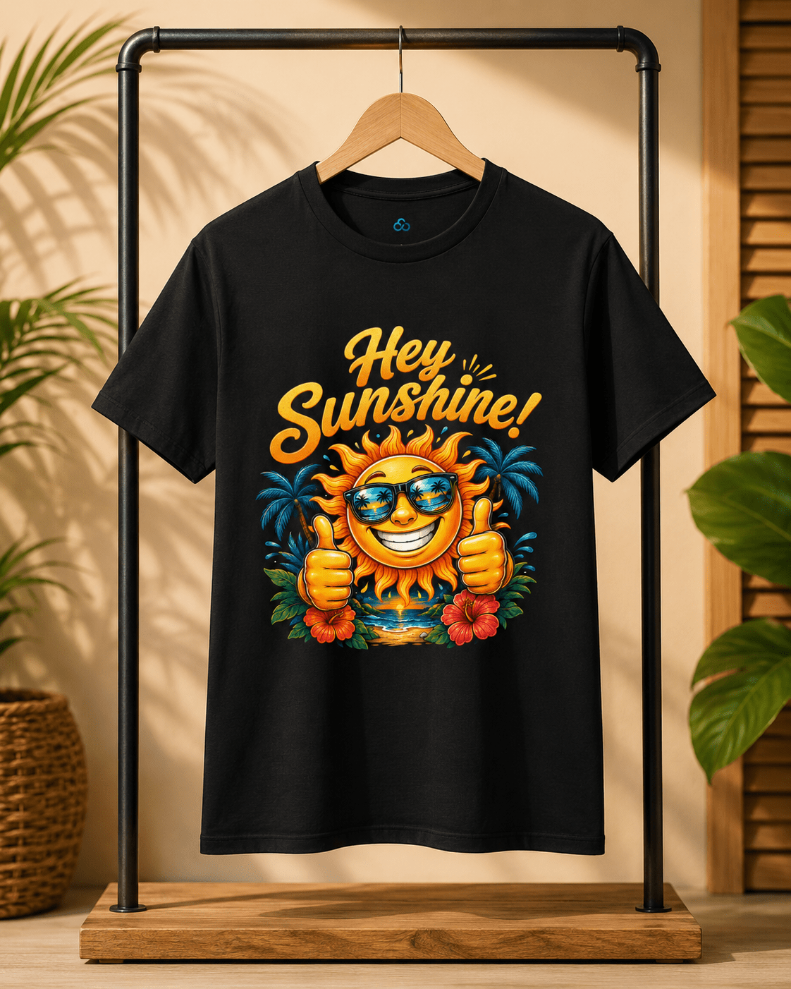 Black crew-neck T-shirt hanging on stand, “Hey Sunshine!” smiling sun graphic front.