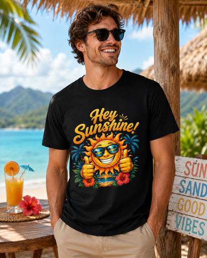 Black crewneck t-shirt featuring "Hey Sunshine!" smiling sun artwork