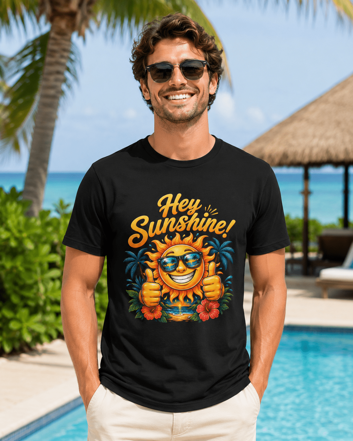 Black crewneck t-shirt with "Hey Sunshine!" sun graphic, orange and blue tones