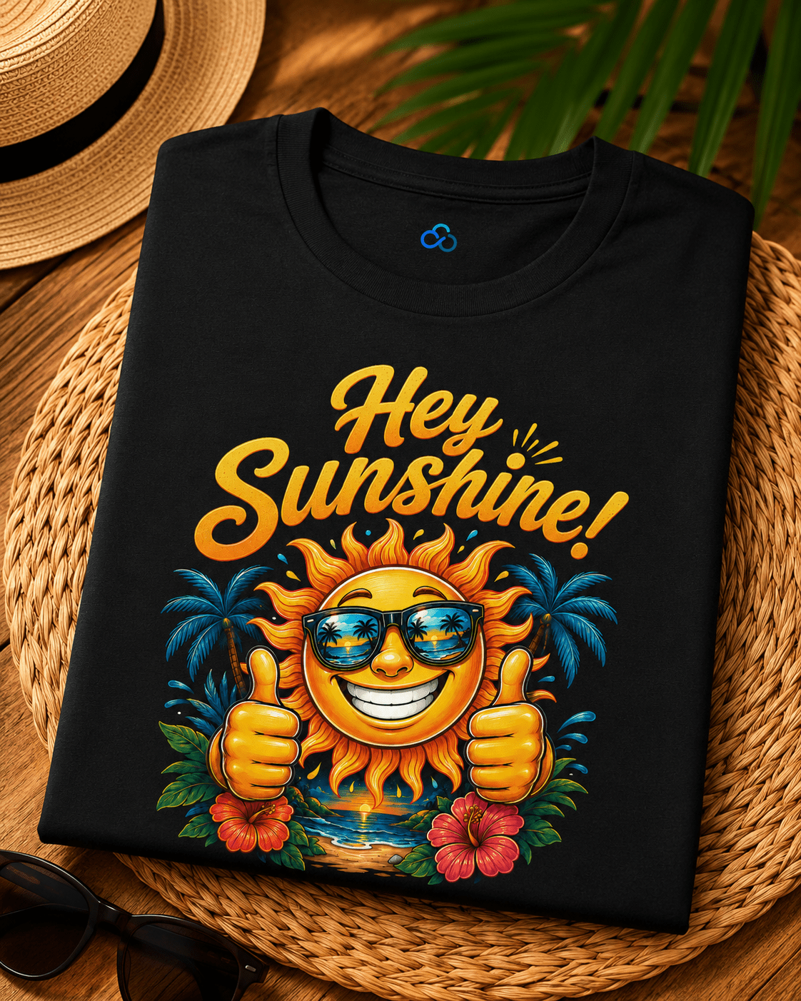 Black crew-neck T-shirt with “Hey Sunshine!” smiling sun graphic and palm trees front.