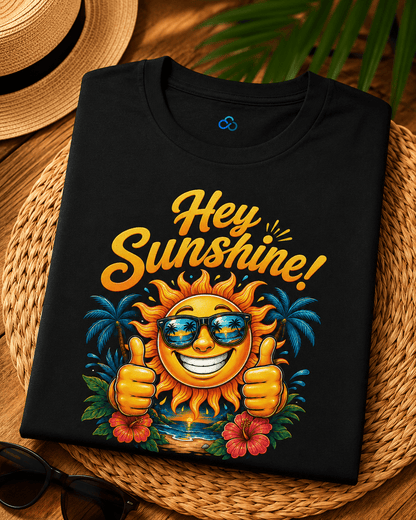 Black crew-neck T-shirt with “Hey Sunshine!” smiling sun graphic and palm trees front.