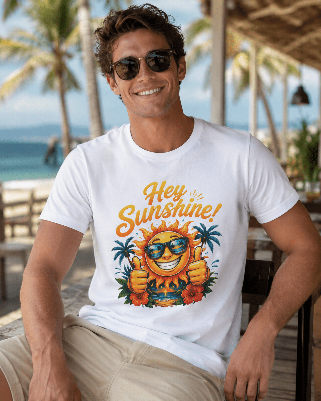 White crew-neck T-shirt on model, “Hey Sunshine!” smiling sun graphic with sunglasses.