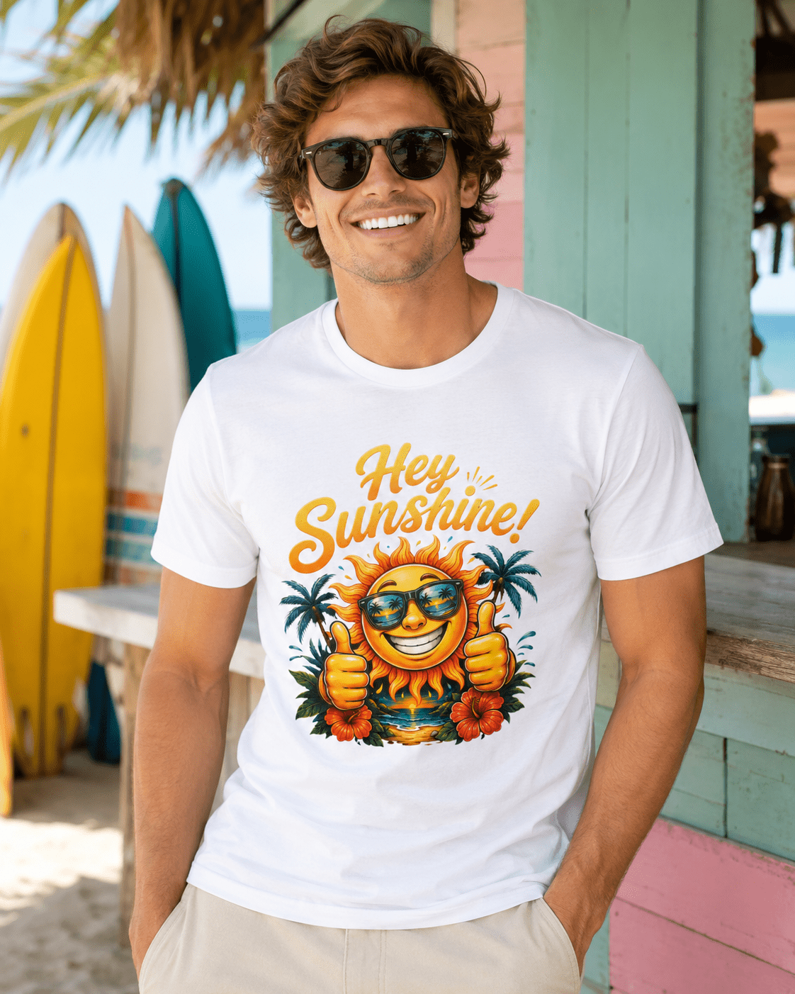 White crew-neck T-shirt on model, “Hey Sunshine!” smiling sun graphic with sunglasses.