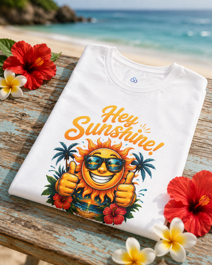 Folded white T-shirt with “Hey Sunshine!” smiling sun graphic, palm trees and flowers.