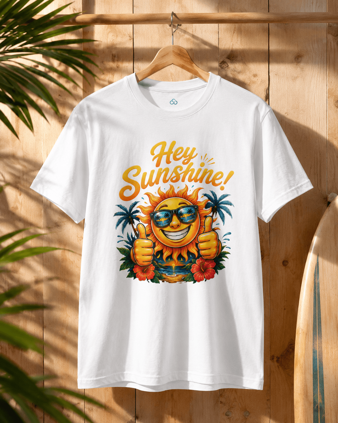 White crew-neck T-shirt hanging, “Hey Sunshine!” smiling sun graphic with palm trees.
