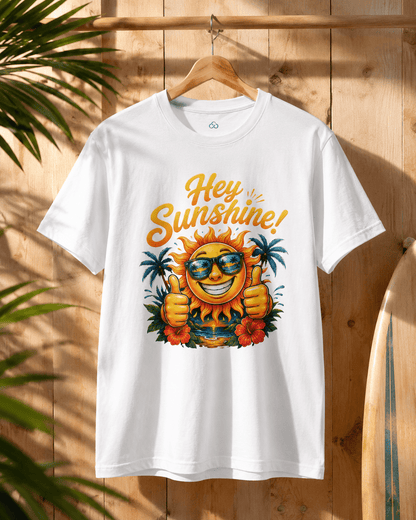 White crew-neck T-shirt hanging, “Hey Sunshine!” smiling sun graphic with palm trees.